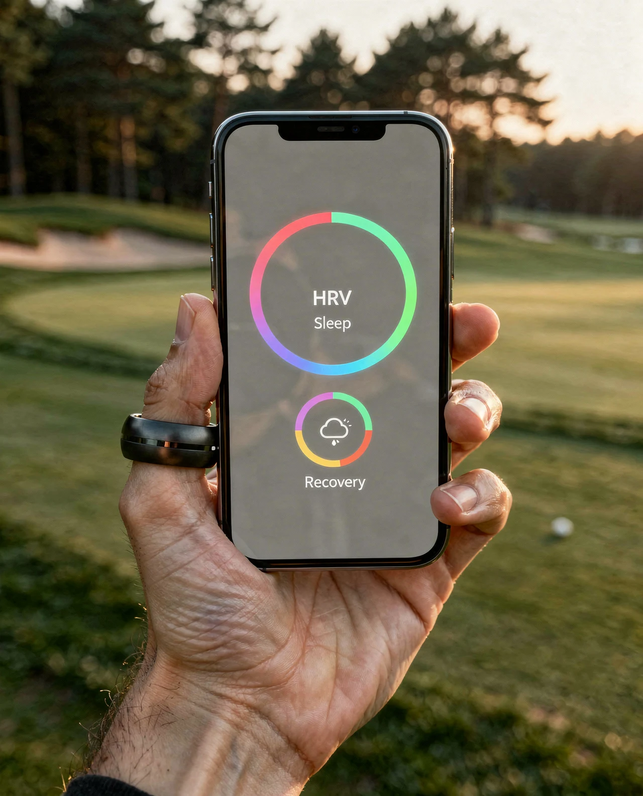 Smartphone mit Health-App am Fairway