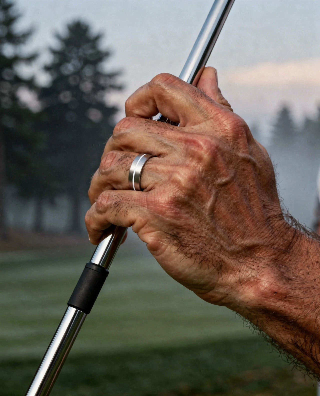 Hand mit MYnextRING am Driver beim Tee-Off in Morgennebel
