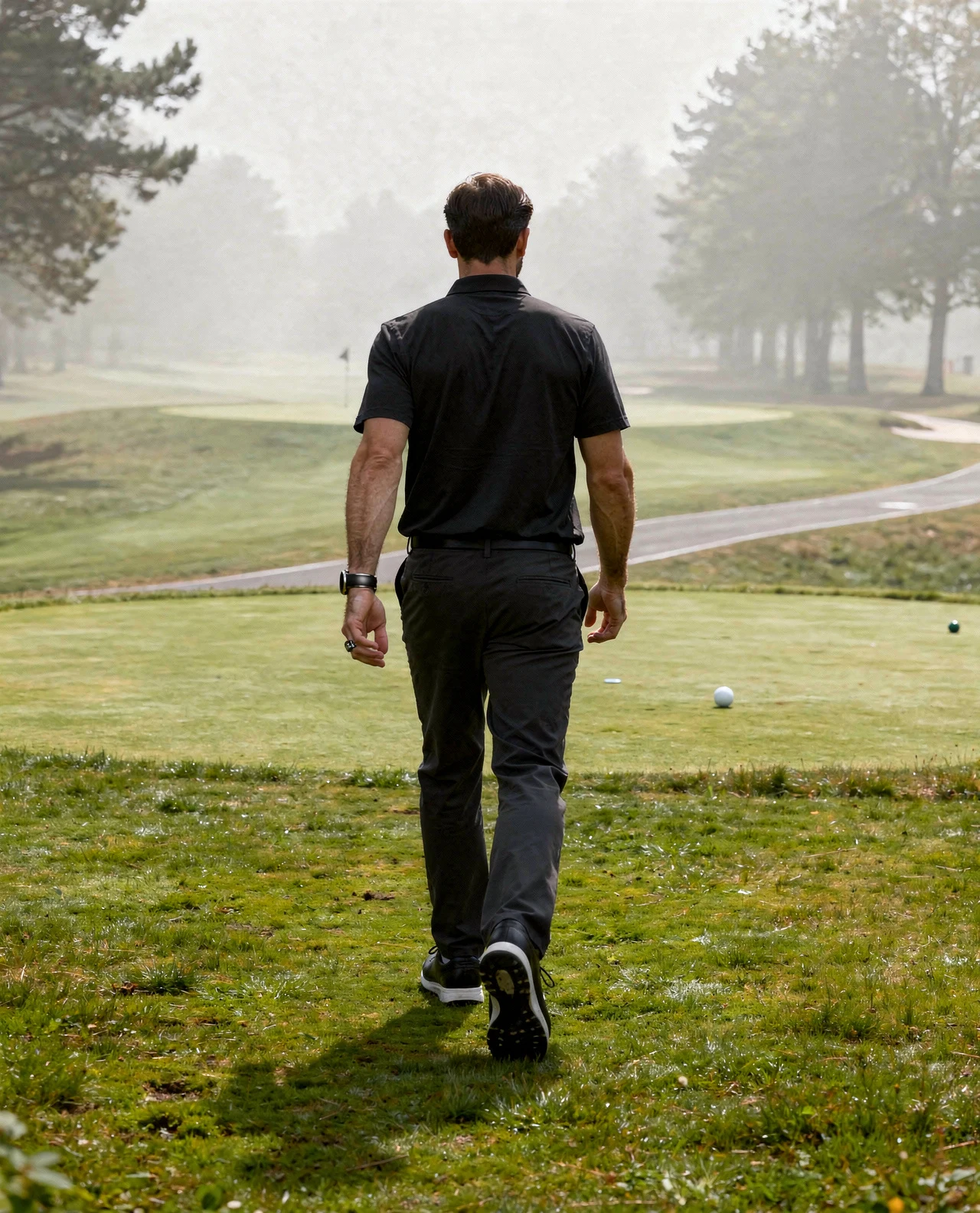 Golfer auf nebligem Fairway im Sonnenaufgang