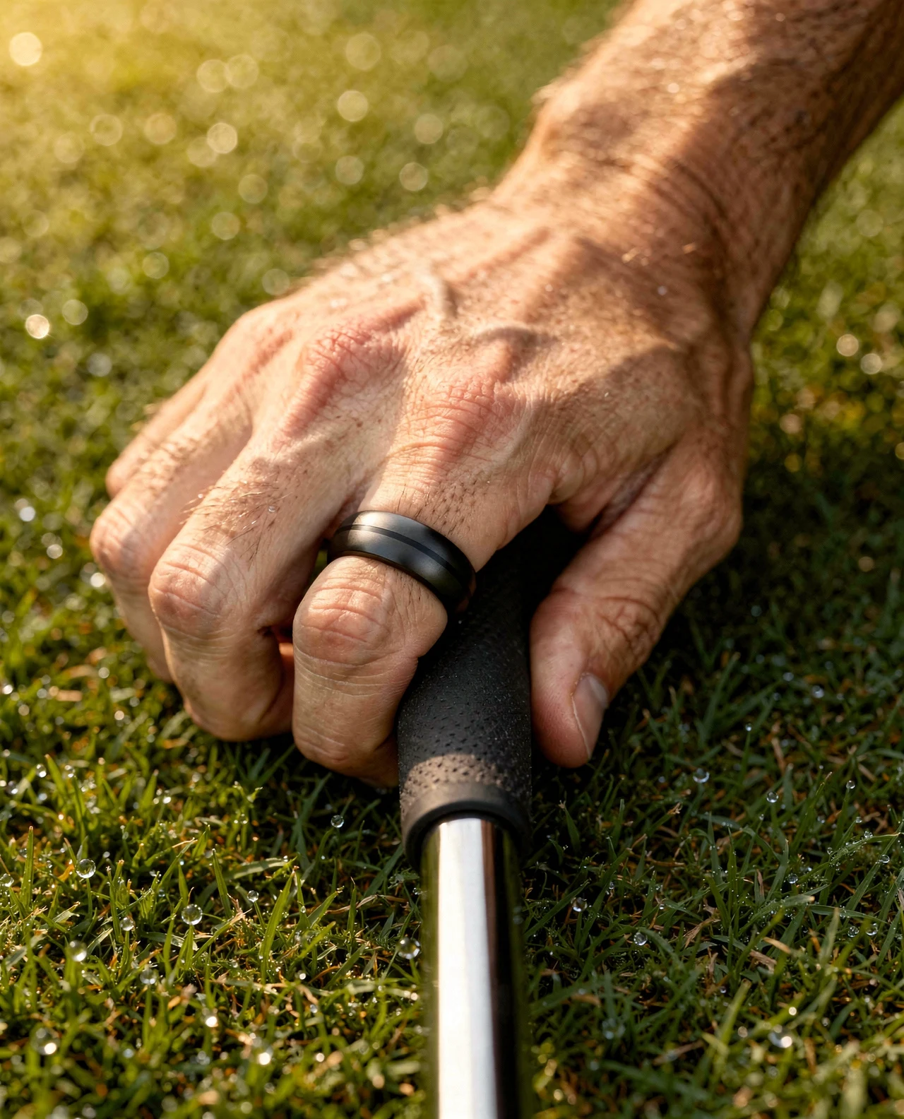 Hand mit Ring am Putter auf dem Green