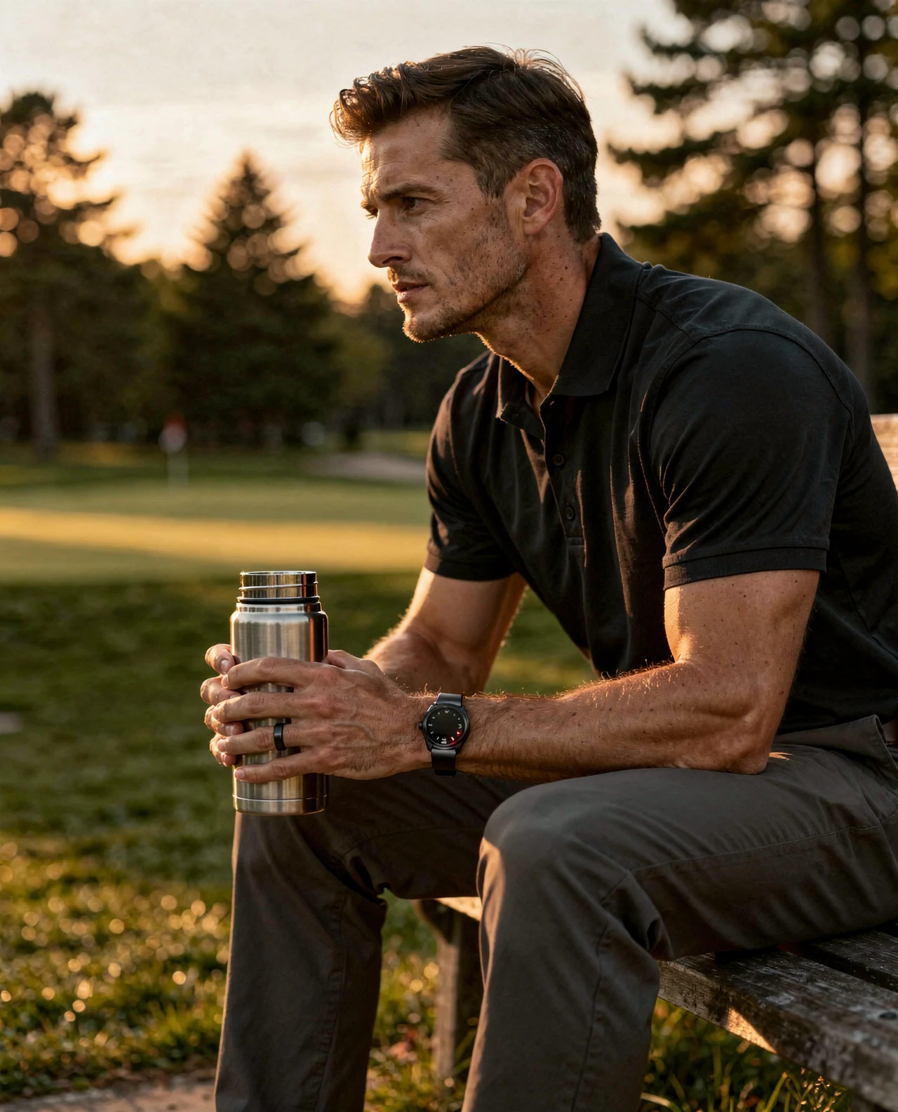 Golfer mit Thermos auf Bank im Sonnenuntergang