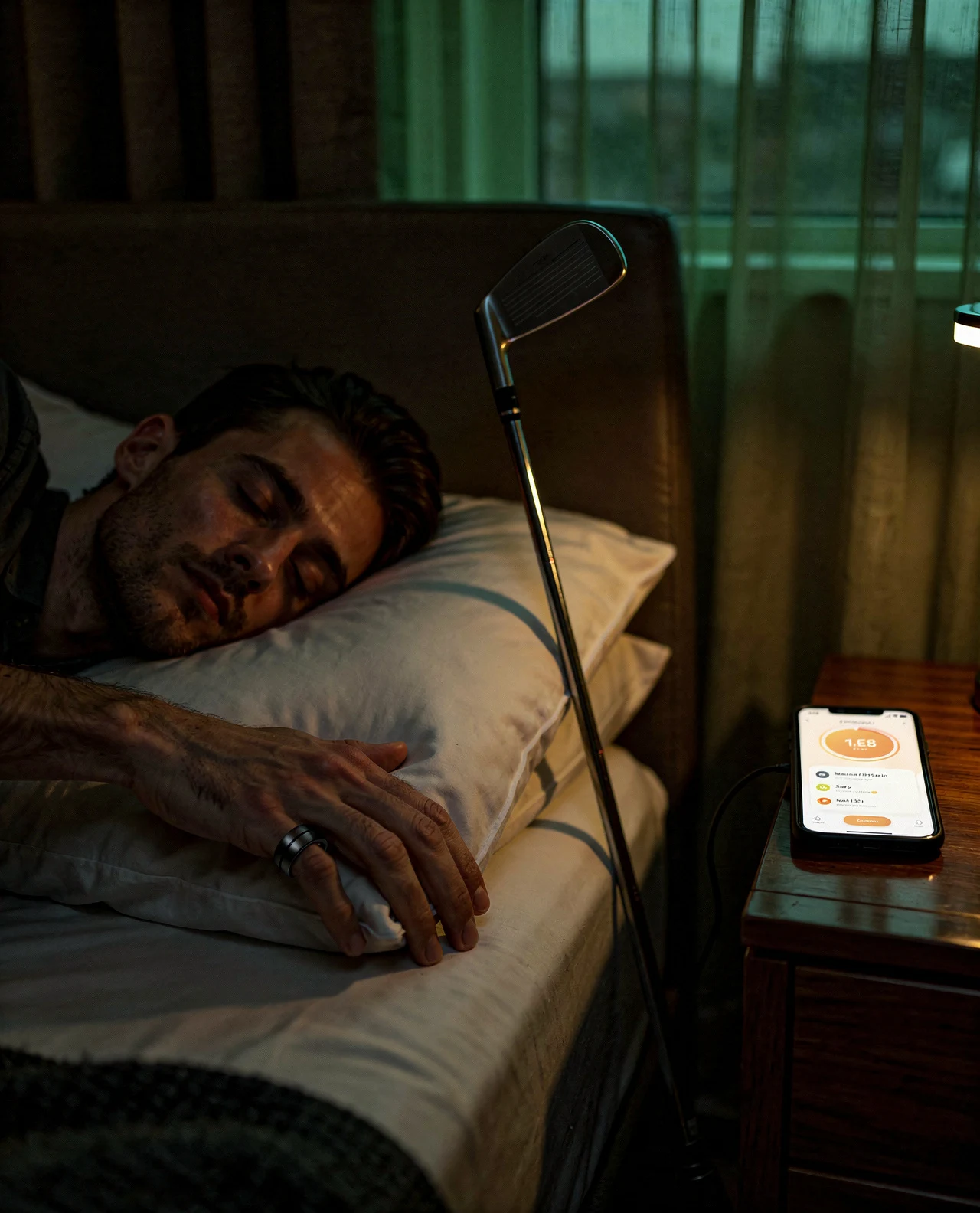 Schlafender Golfer mit Health-App auf Nachttisch